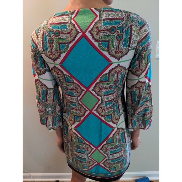 Laundry Shelli Segal Short Tunic Dress Blue Zip Up 3/4 Bell Sleeves Size 0 - Picture 2 of 7